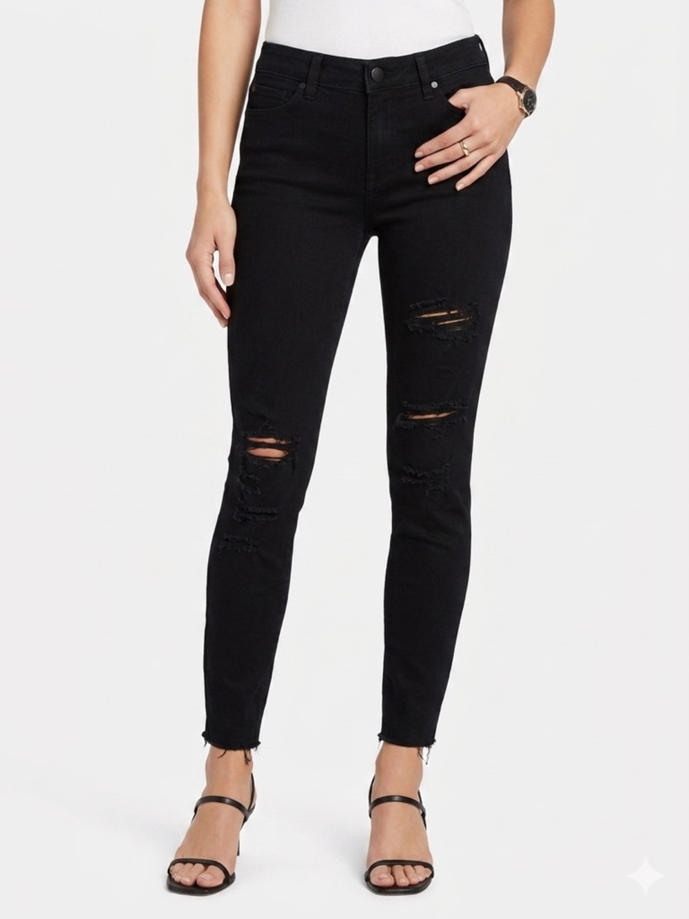 PAIGE Skyline Black Distressed Raw-Hem Mid Rise Skinny Jeans‎ Women's 26